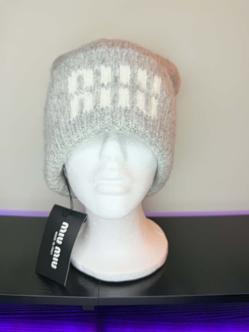 Miu Miu Light Gray Knit Beanie with White Logo